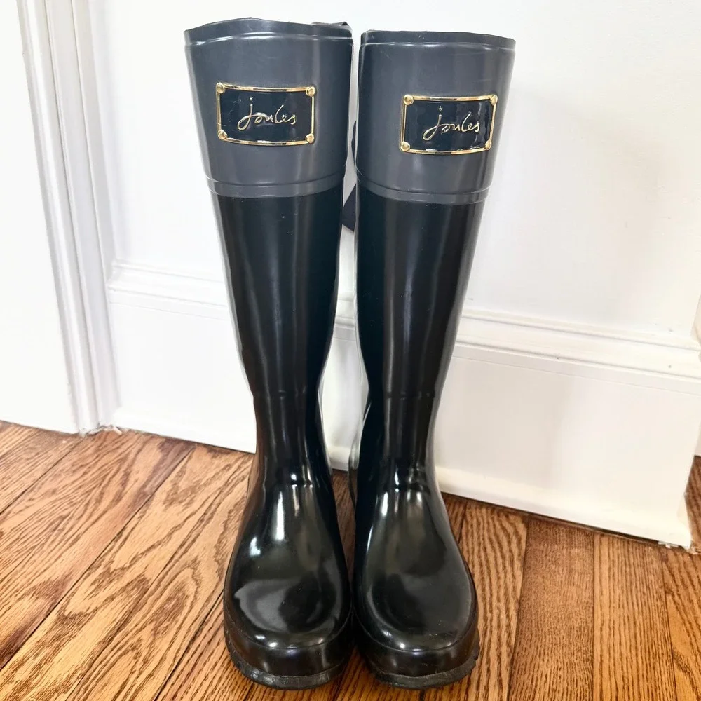 Joules Evedon Rain Boots Womens 8 Black Bow Back Waterproof Tall